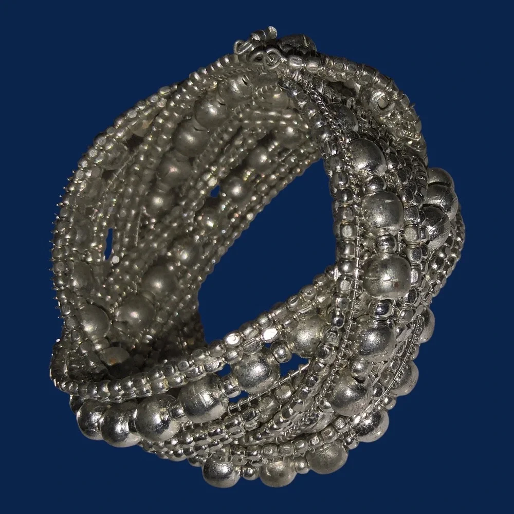 Silver Tone Boho Multi Strand Beaded Cuff Bracelet Wide Statement - Picture 3 of 8